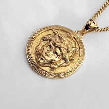 Load image into Gallery viewer, 14k 18k gold circle medusa pendant necklace