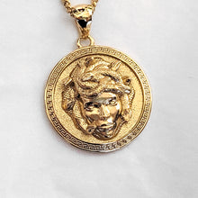 Load image into Gallery viewer, men's medusa pendant necklace in 14k and 18k gold, with a circular shape