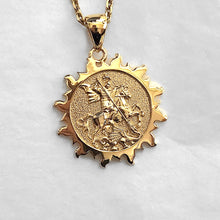 Load image into Gallery viewer, men's saint George pendant necklace in 14k and 18k gold, with a sun shape