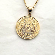Load image into Gallery viewer, men's eye of providence pendant necklace in 14k and 18k gold, with a circular shape