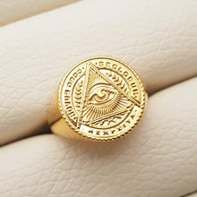 Load image into Gallery viewer, women's and men's eye of providence ring in 14k and 18k gold