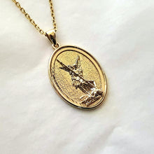 Load image into Gallery viewer, men's archangel saint Michael pendant necklace in 14k and 18k gold, with an oval shape