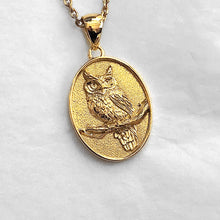 Load image into Gallery viewer, 14k 18k gold oval owl pendant necklace
