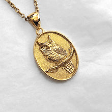 Load image into Gallery viewer, 14k 18k gold oval owl pendant necklace
