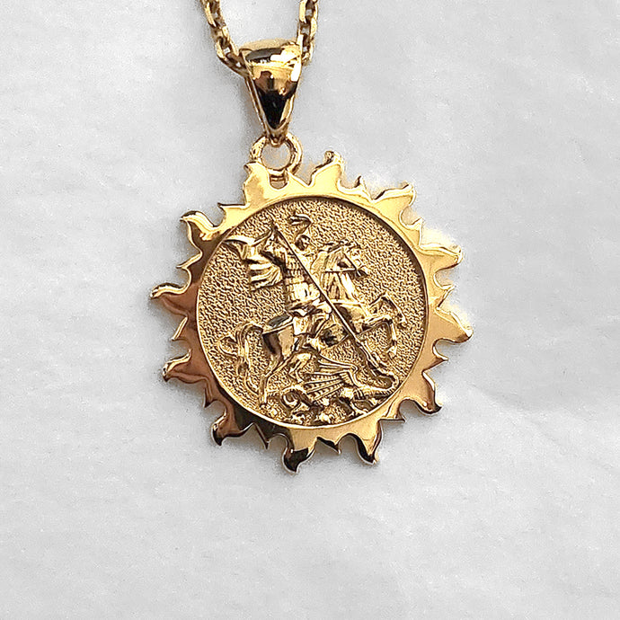 men's saint George pendant necklace in 14k and 18k gold, with a sun shape