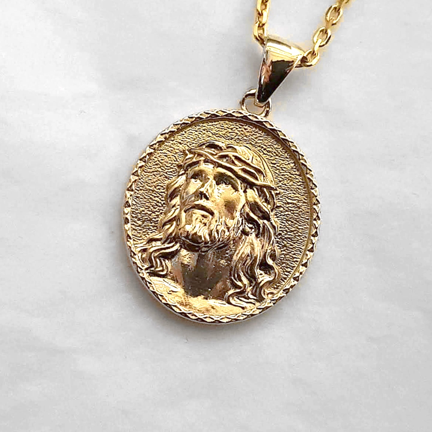 Two Tone Solid Yellow Gold Jesus The Good Shepherd Cuban Link Circle Frame  Medallion Pendant Necklace 1.34 