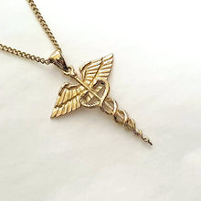 Load image into Gallery viewer, 14k 18k gold caduceus necklace pendant 1 for women and men
