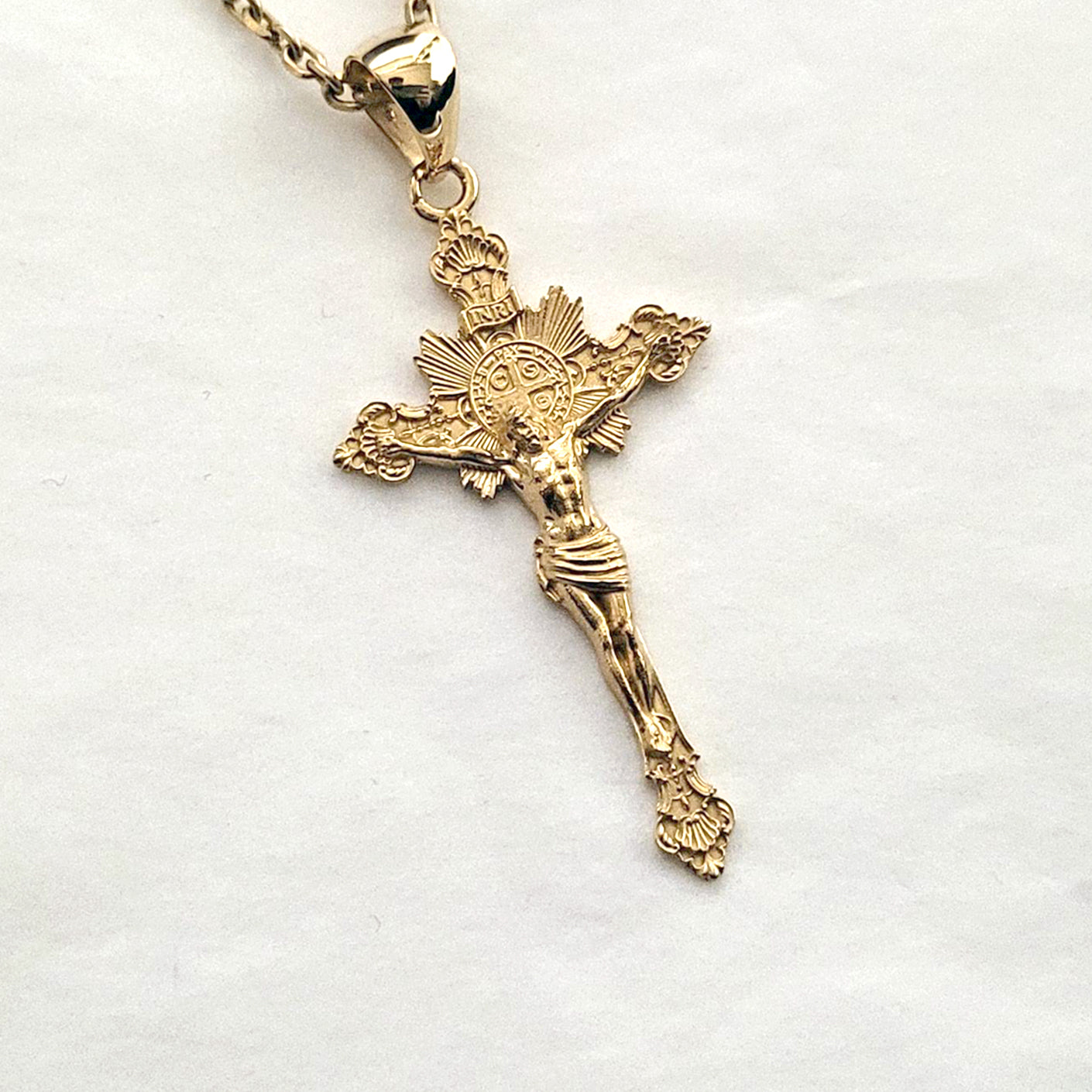 14k Gold Chain Cuban Link Cross Necklace Yellow Gold Chain Large
