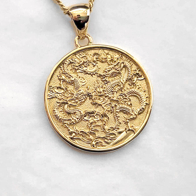 men's dragon pendant necklace in 14k and 18k gold, with a circular shape