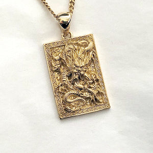 men's dragon pendant necklace in 14k and 18k gold, with a rectangular shape