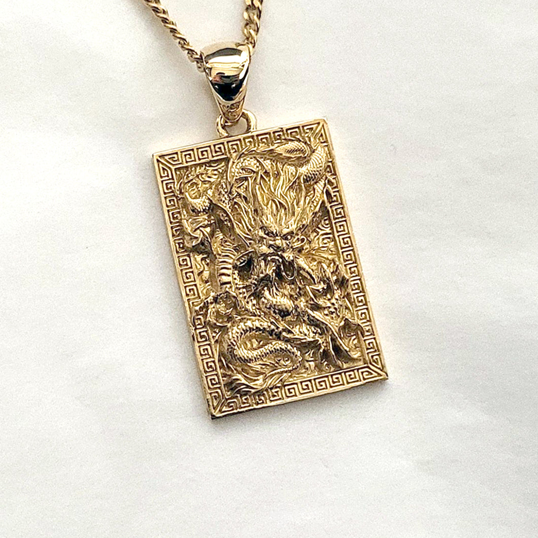 men's dragon pendant necklace in 14k and 18k gold, with a rectangular shape