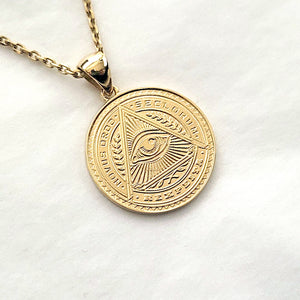 18k 14k gold circle eye of providence necklace pendant 1 Large for men