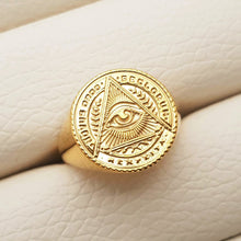 Load image into Gallery viewer, 14k 18k gold circle Eye of Providence ring for men and women
