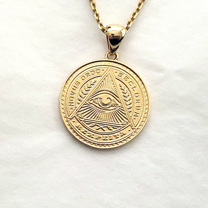 men's eye of providence pendant necklace in 14k and 18k gold, with a circular shape