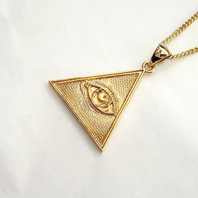 women's and men's eye of providence pendant necklace in 14k and 18k gold, with a triangle shape