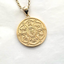 Load image into Gallery viewer, women&#39;s and men&#39;s lotus om mani padme hum pendant necklace in 14k and 18k gold, with a circular shape
