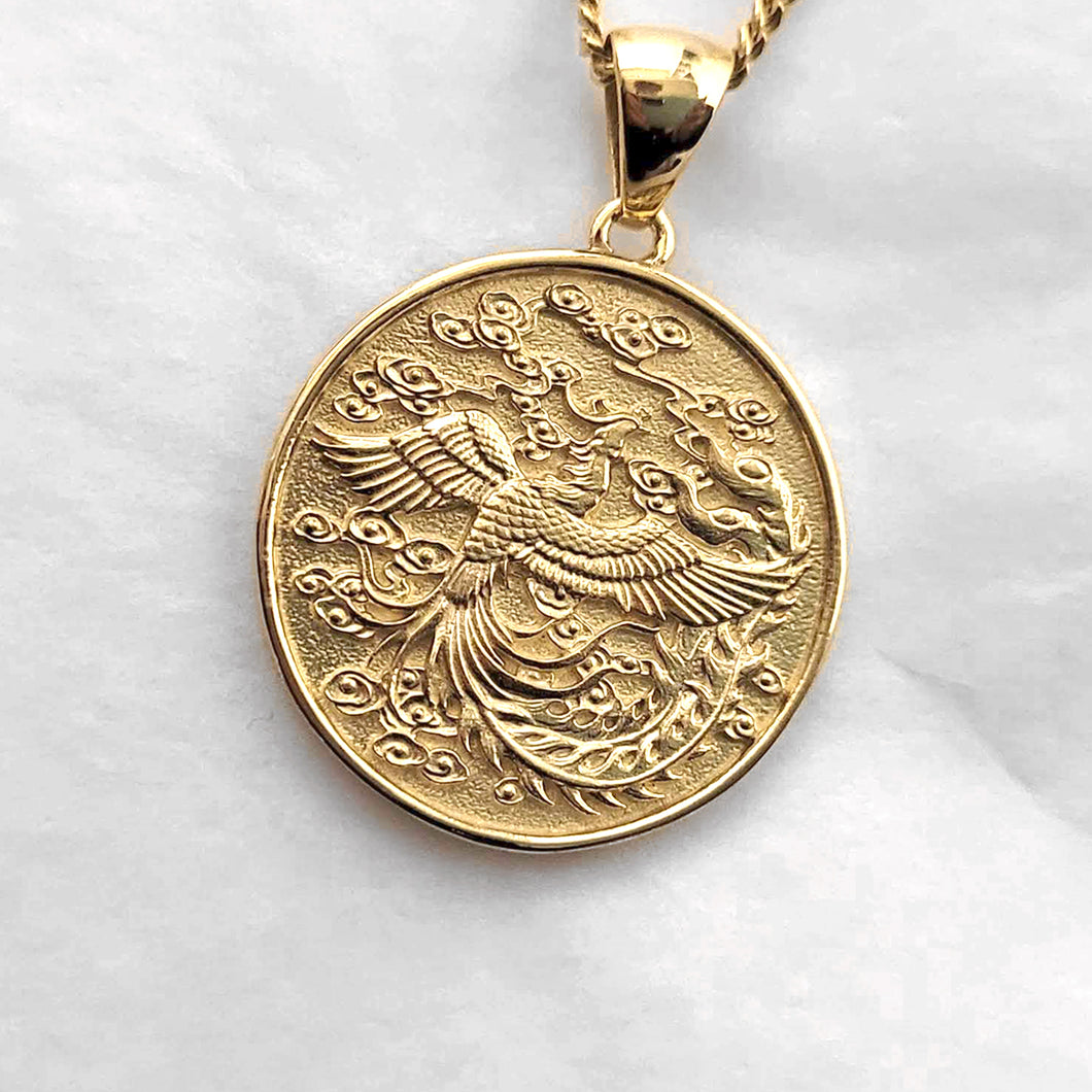 men's phoenix pendant necklace in 14k and 18k gold, with a circular shape