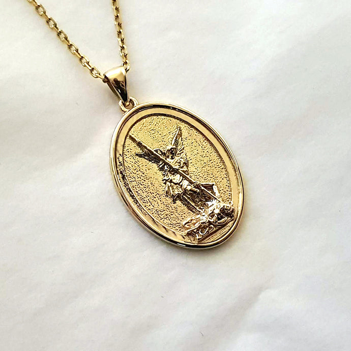 men's archangel saint Michael pendant necklace in 14k and 18k gold, with an oval shape