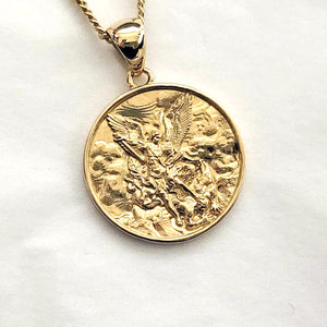 men's archangel saint Michael pendant necklace in 14k and 18k gold, with a circular shape