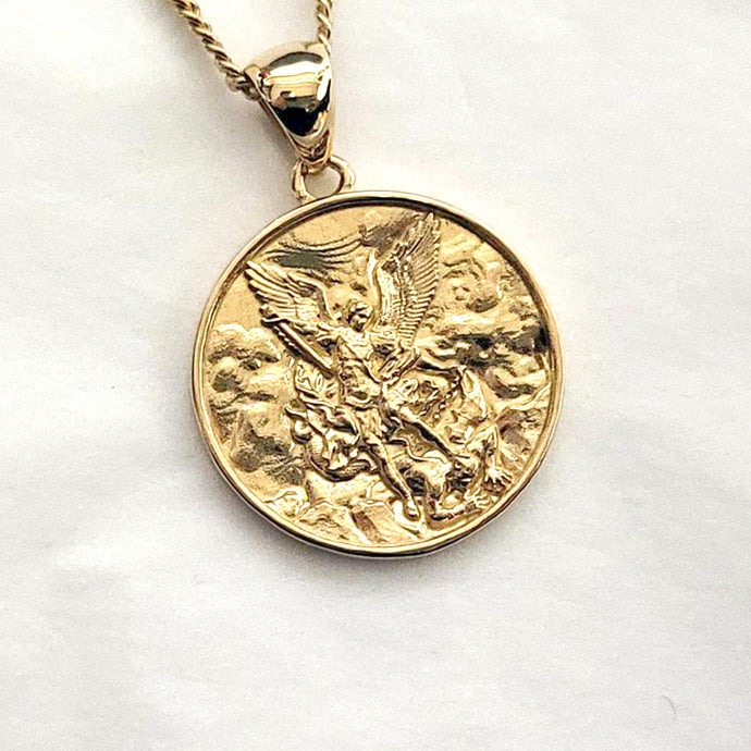 men's archangel saint Michael pendant necklace in 14k and 18k gold, with a circular shape